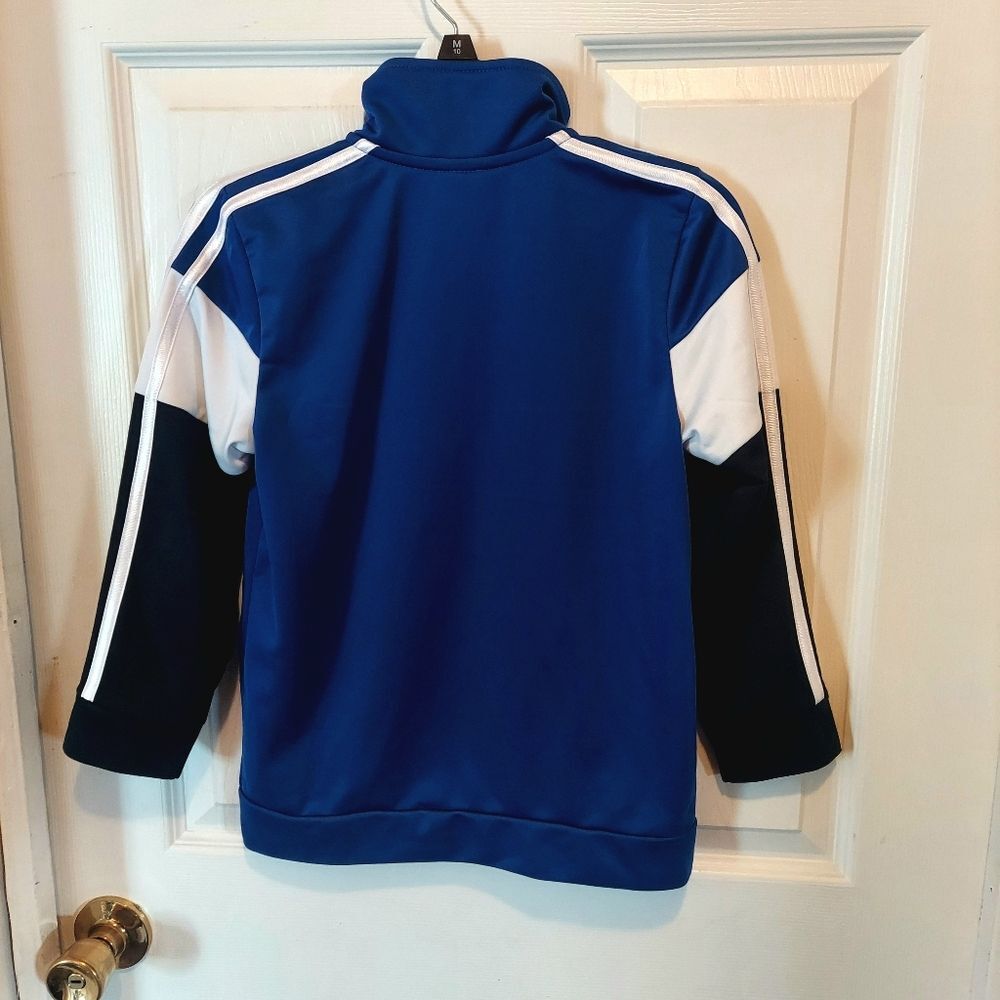 Adidas Full Zip Up Lightweight Jacket Boys 7 Blue Black White - Picture 2 of 3